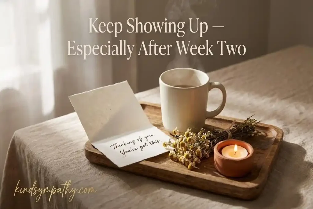 "Wooden tray with tea mug handwritten note and candle on linen representing tips for supporting someone through divorce and showing up consistently"
