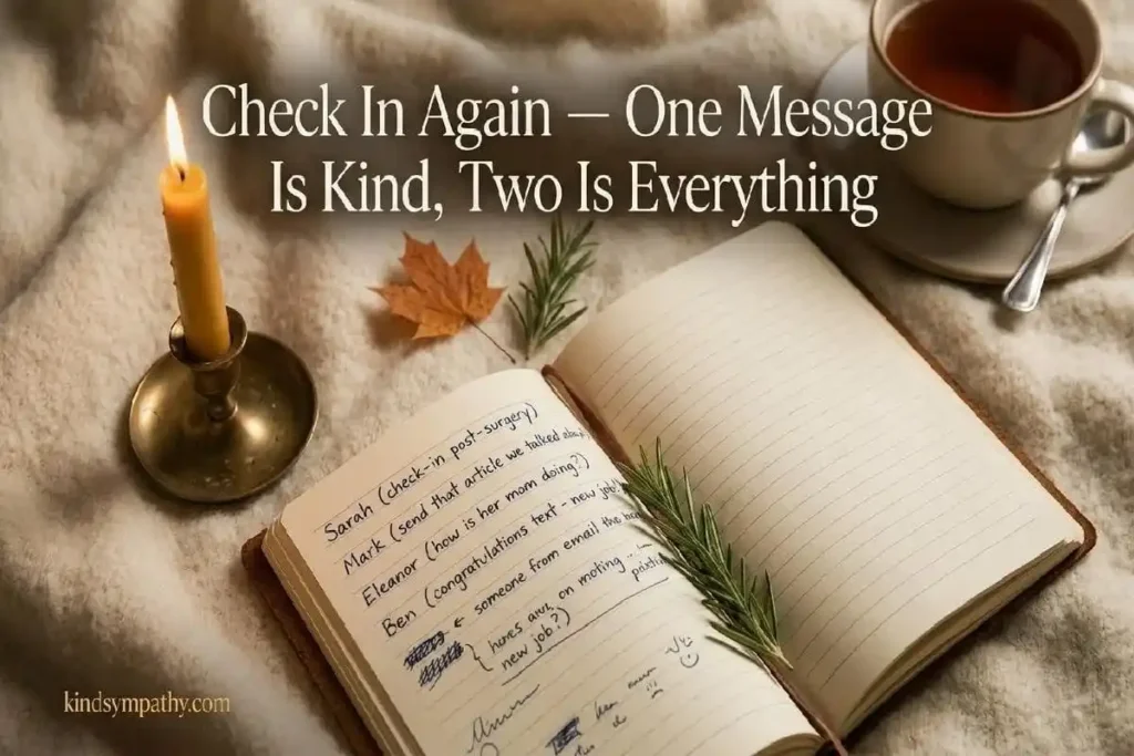 "Open journal with handwritten names and lit candle on cream blanket representing tips for sending thinking of you messages during hard times"