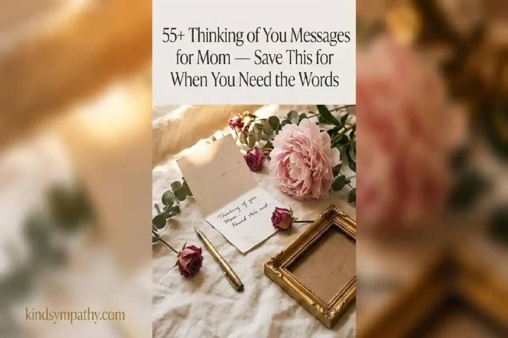 "Flatlay collection of handwritten card blush peony dried rose eucalyptus and gold pen on warm linen representing 55 plus thinking of you messages for mom to save and share"