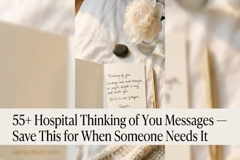 "Collection of handwritten card white peony gold pen and soft blanket on white bedside surface representing 55 plus thinking of you messages for someone in hospital to save and share"
