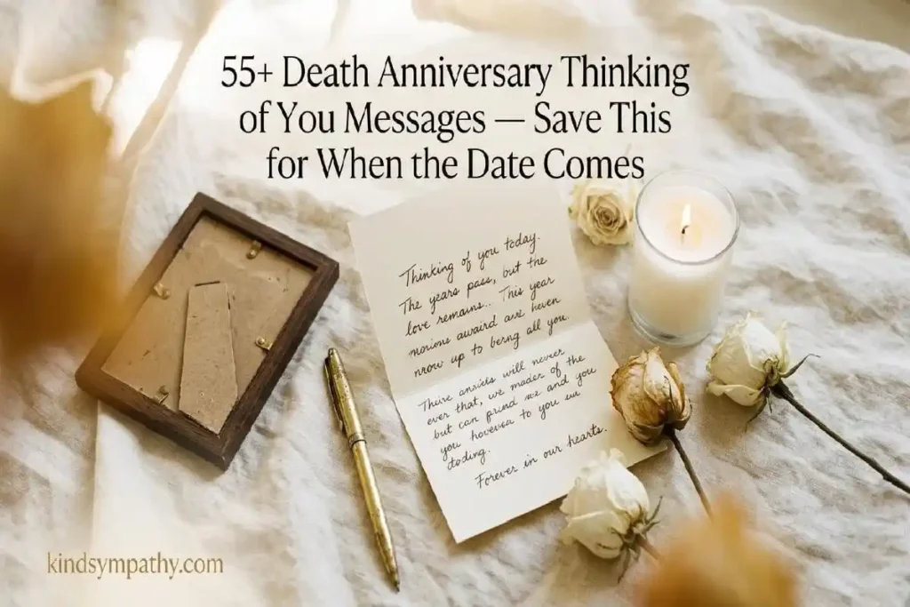 "Remembrance flatlay of burning white candle handwritten card dried white roses and gold pen on cream linen representing 55 plus thinking of you on death anniversary messages to save and share"