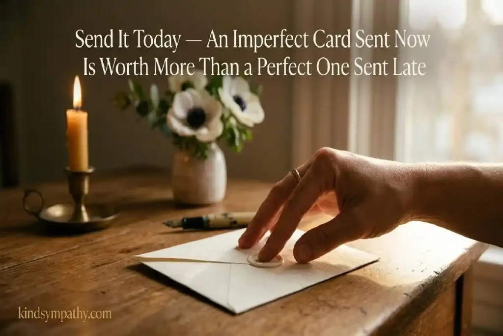 "Hand sealing a cream sympathy card envelope on wooden table with candlelight representing the importance of sending sympathy card wording promptly"
