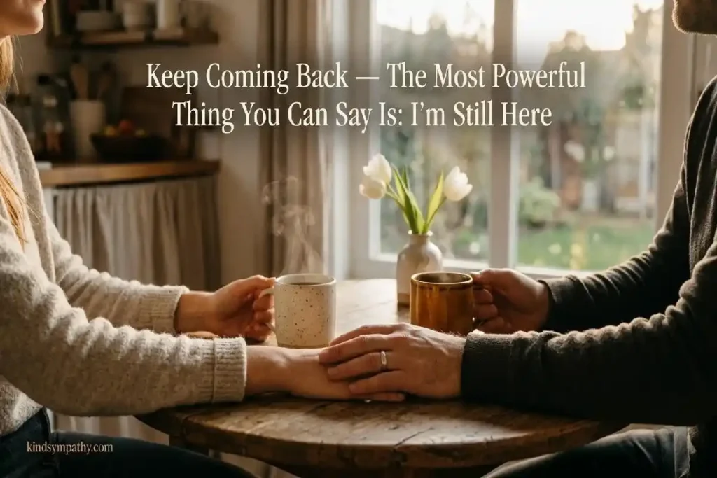 "Two people sharing tea at a kitchen table with hands touching representing sustained grief support and comforting words over time for someone who lost a loved one"
