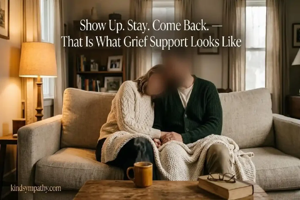 "Two people sitting together on a sofa with tea in warm lamplight representing sustained grief support and showing up long after the loss"
