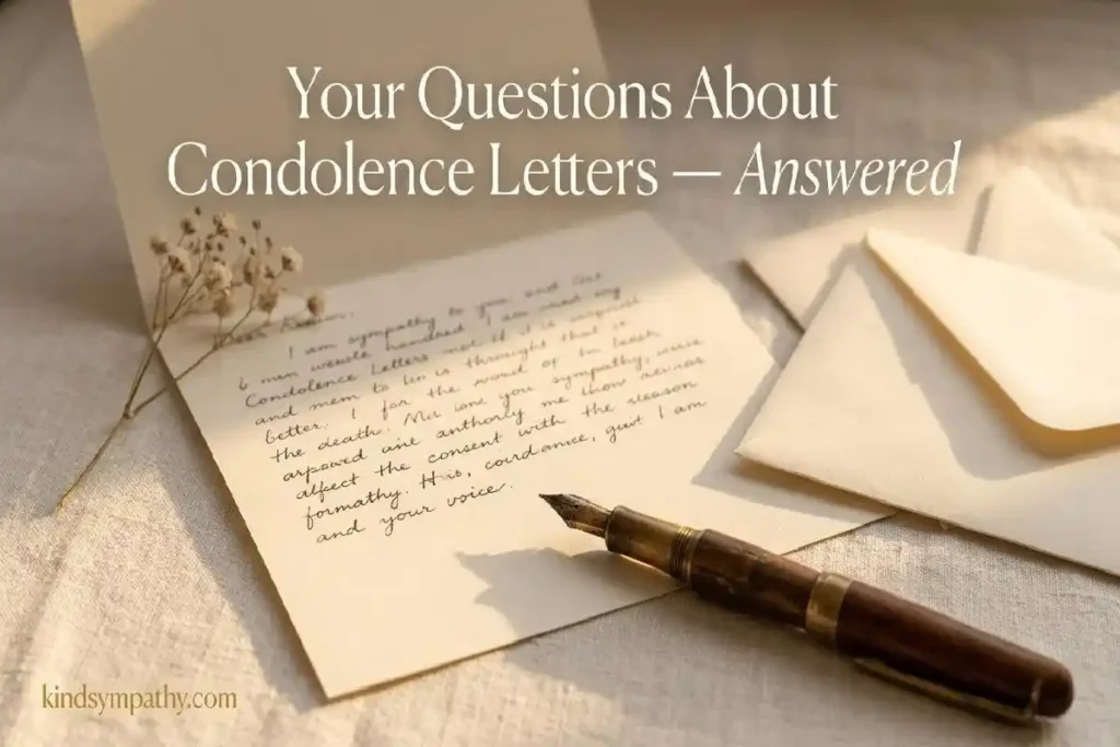"Open handwritten condolence letter with fountain pen and dried baby's breath on cream linen representing frequently asked questions about how to write a condolence letter"
