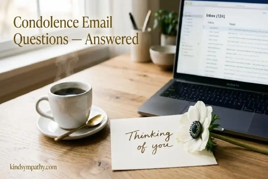 "Handwritten note reading thinking of you beside laptop and white anemone flower on modern desk representing frequently asked questions about professional condolence email templates"
