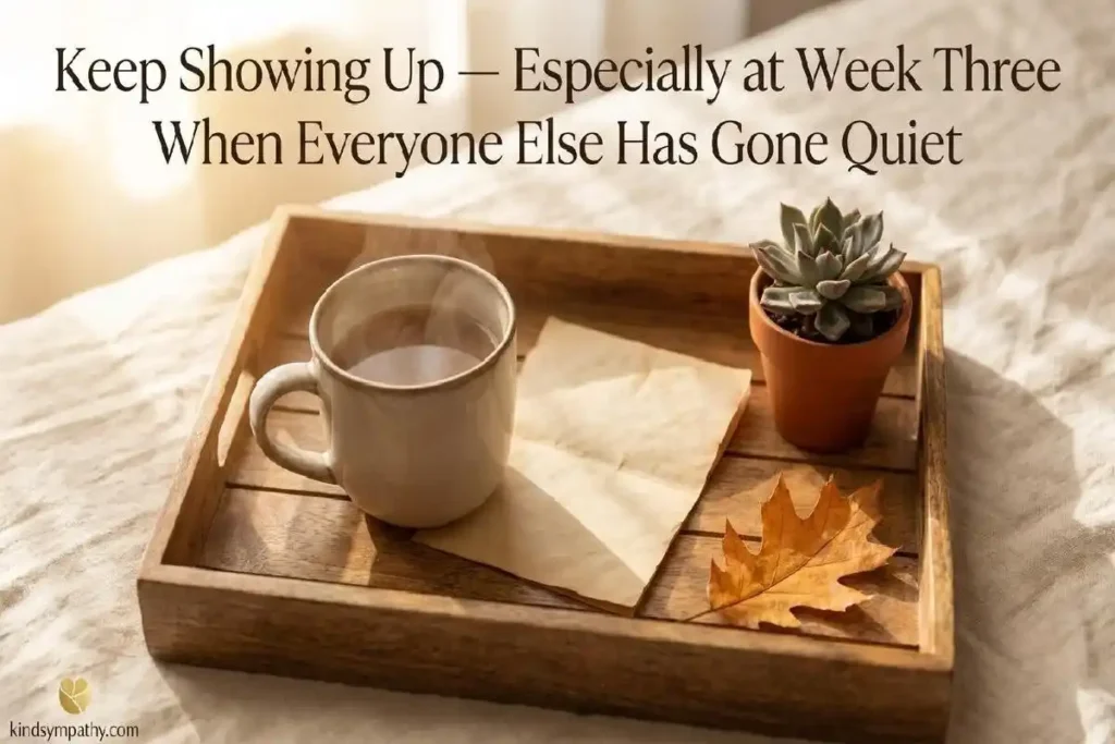  "Wooden tray with coffee mug handwritten note and succulent on linen representing tips for supporting someone through job loss long term"