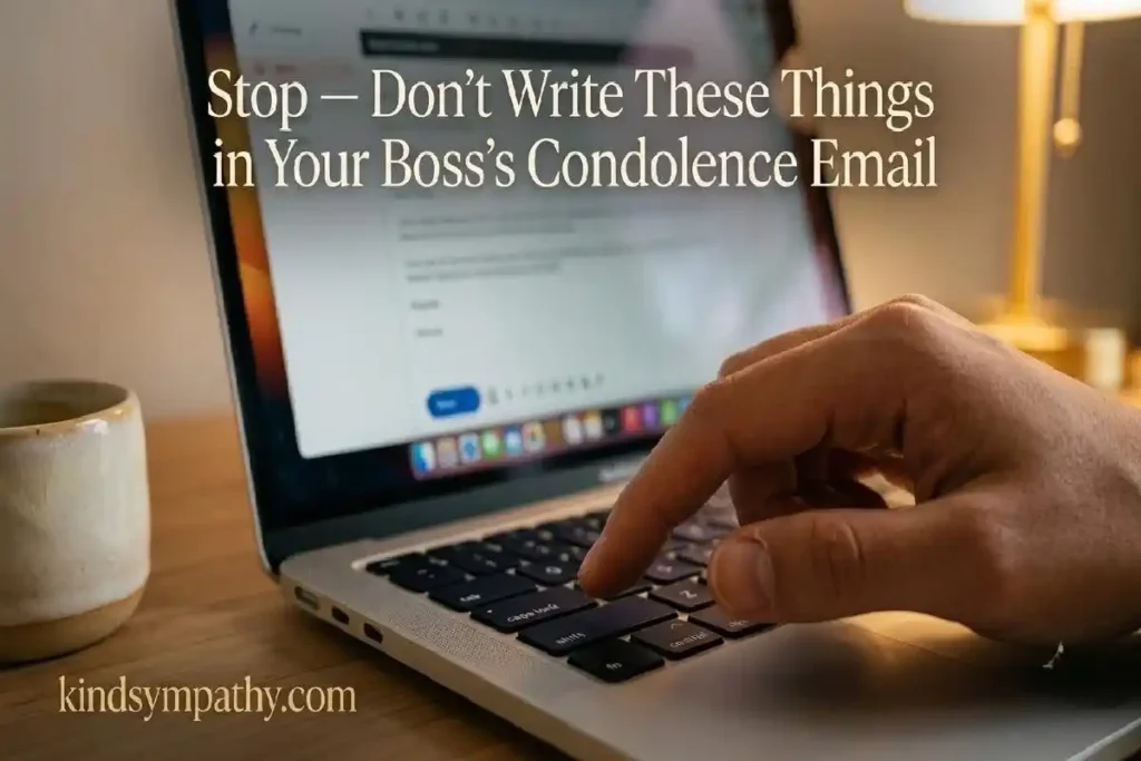 "Laptop showing sent email confirmation beside handwritten note and white freesia representing completed sympathy email to boss"

