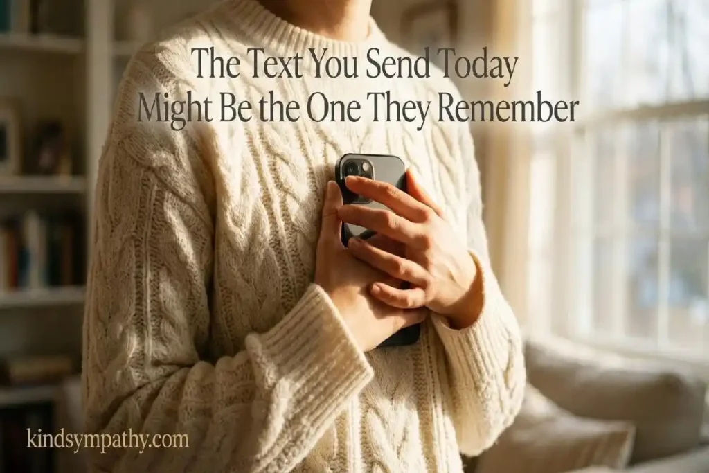 "Hand holding smartphone pressed to chest in cream sweater representing the emotional impact of a heartfelt sympathy text message during grief"