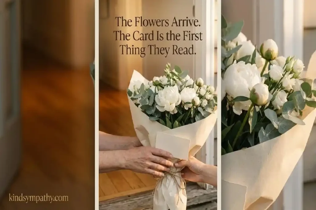 "Hands receiving white peony bouquet with cream card tucked inside at doorstep representing the moment sympathy flowers and card message arrive during grief"
