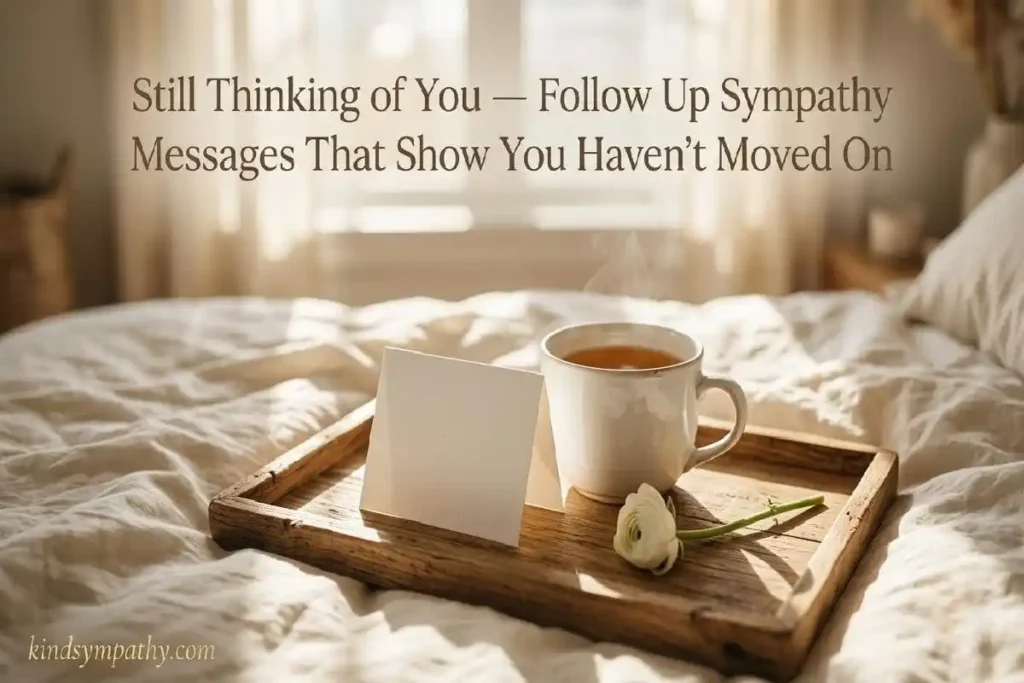 "Sympathy card propped against a warm mug of tea on a wooden tray with linen sheets representing follow-up short sympathy messages weeks after a loss"