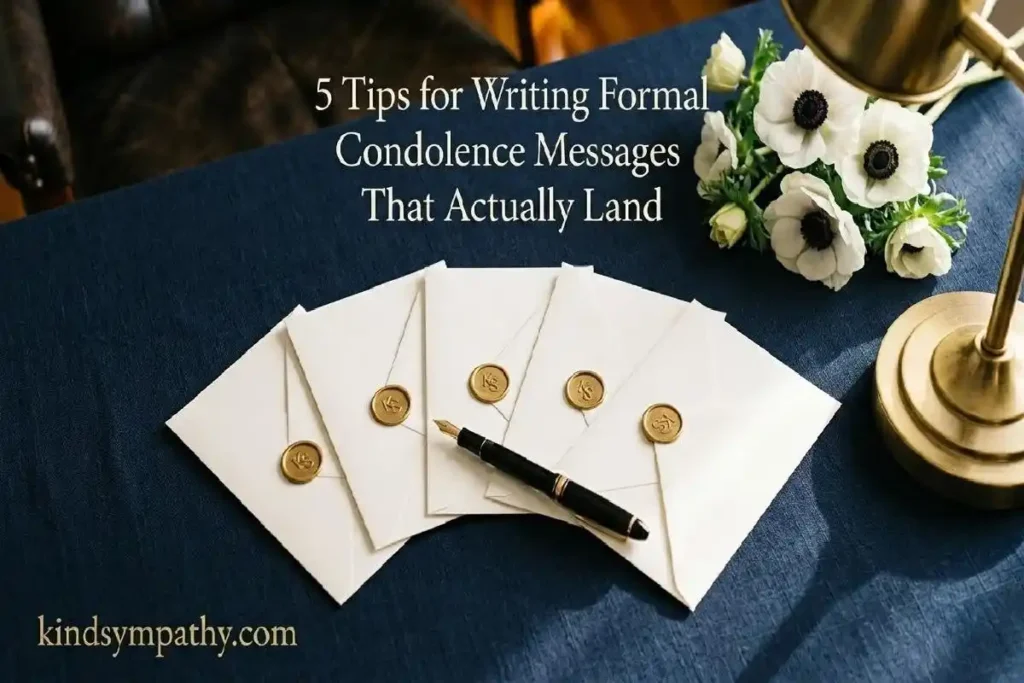 "Five sealed formal envelopes with gold wax seals and fountain pen on navy linen representing tips for writing formal condolence messages"