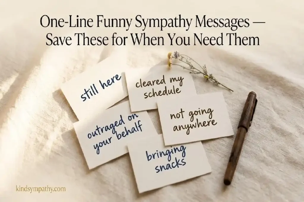 "Scattered handwritten notes with one-line funny sympathy messages on warm linen surface representing short humorous condolence messages for close friends"
