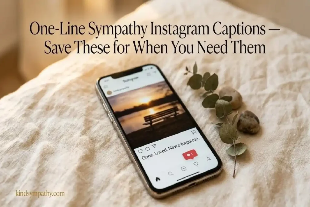 "Smartphone displaying finished Instagram memorial post with short sympathy caption beside eucalyptus on warm linen representing one-line grief Instagram captions"

