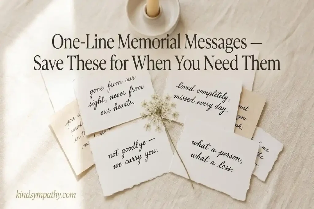 "Scattered handwritten one-line memorial messages on warm cream linen with dried flower and candle representing short memorial message templates for programmes and plaques"
