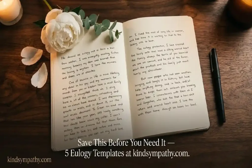 "Completed handwritten eulogy open on walnut desk with white peony and pen representing five eulogy templates and how to write a eulogy guide"
