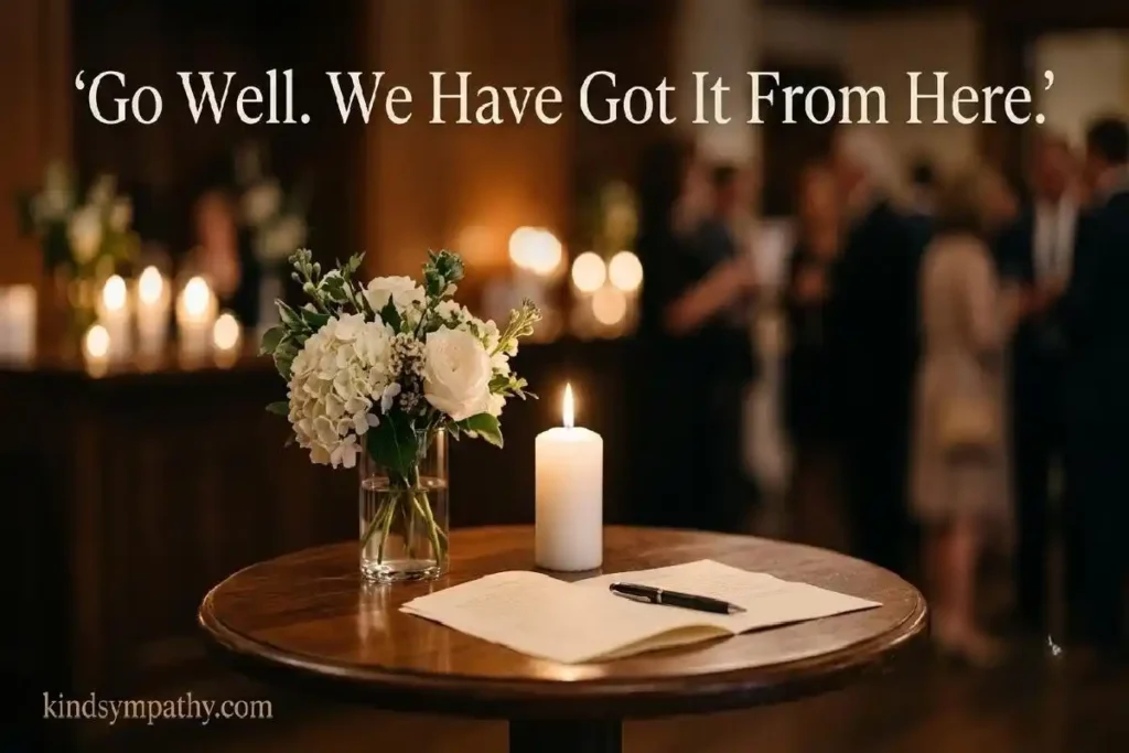 "Burning white candle with completed funeral speech paper and white flowers on wooden table representing closing sympathy speech lines and funeral tribute completion"
