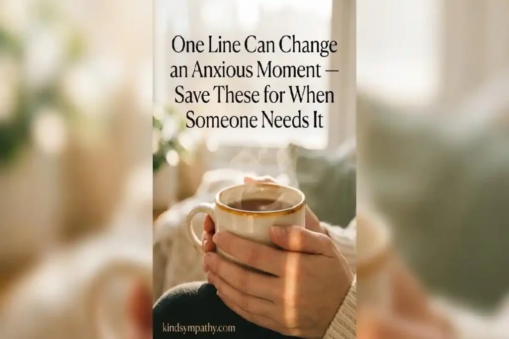 "Hands cradling warm ceramic tea mug near soft window light representing one-line anxiety support messages and calming words for anxious moments"
