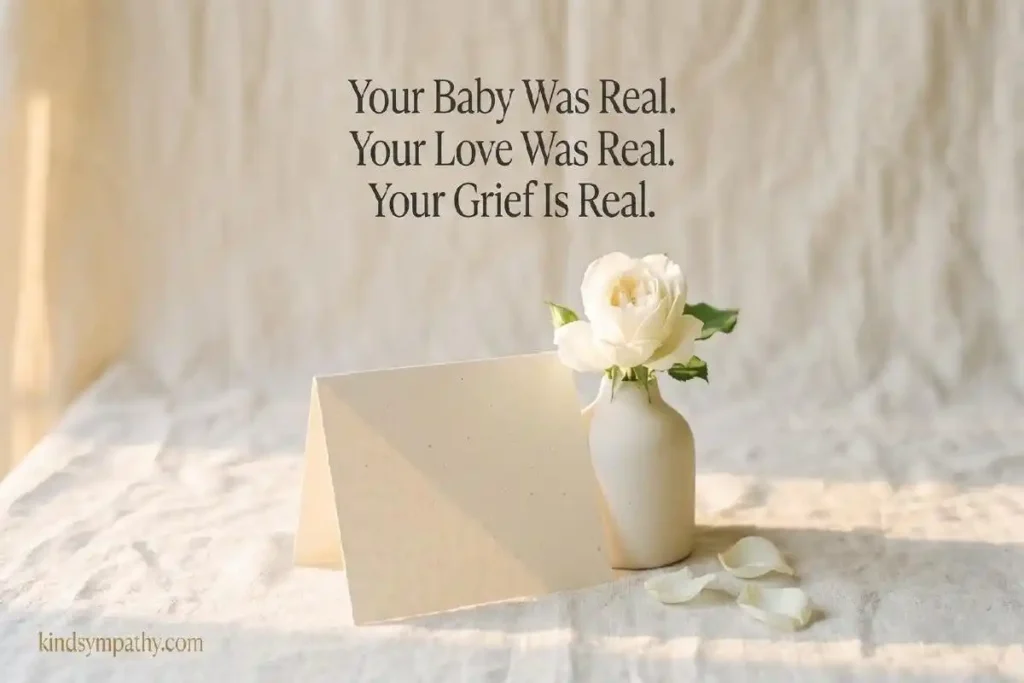 "Cream card propped against white rose bud vase on linen surface representing one-line miscarriage support messages and pregnancy loss acknowledgment words"
