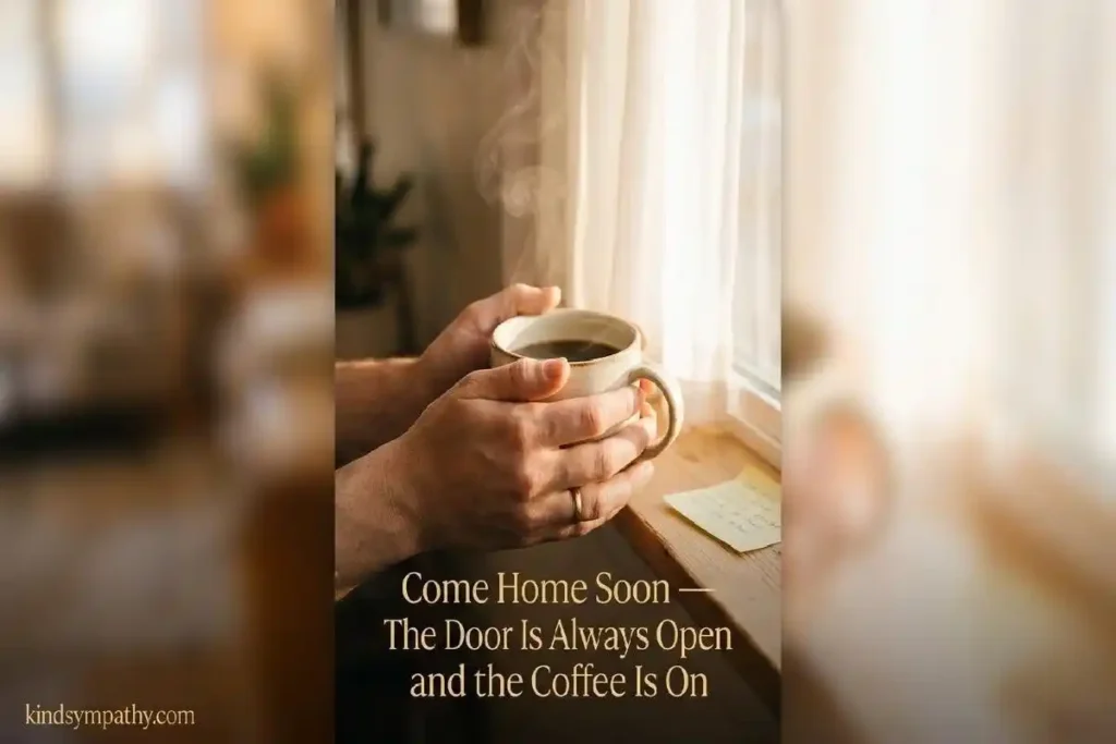 "Two hands holding warm coffee mug near golden morning window representing one-line hospital encouragement messages and waiting for someone to come home from hospital"
