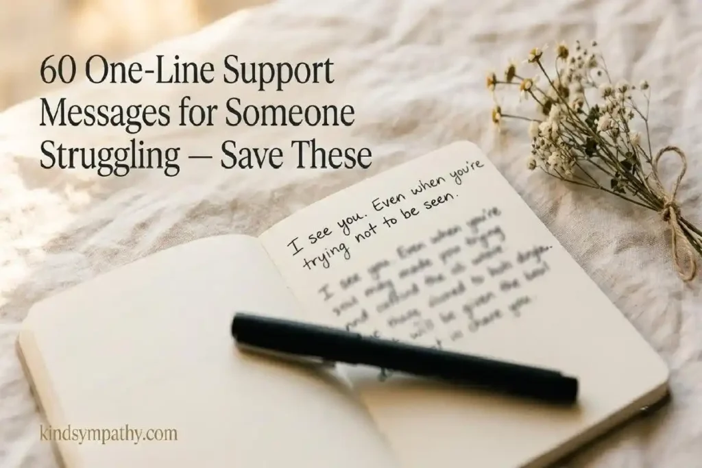 "Open notebook with handwritten one-line support messages on linen surface representing short support quotes for someone going through a hard time"
