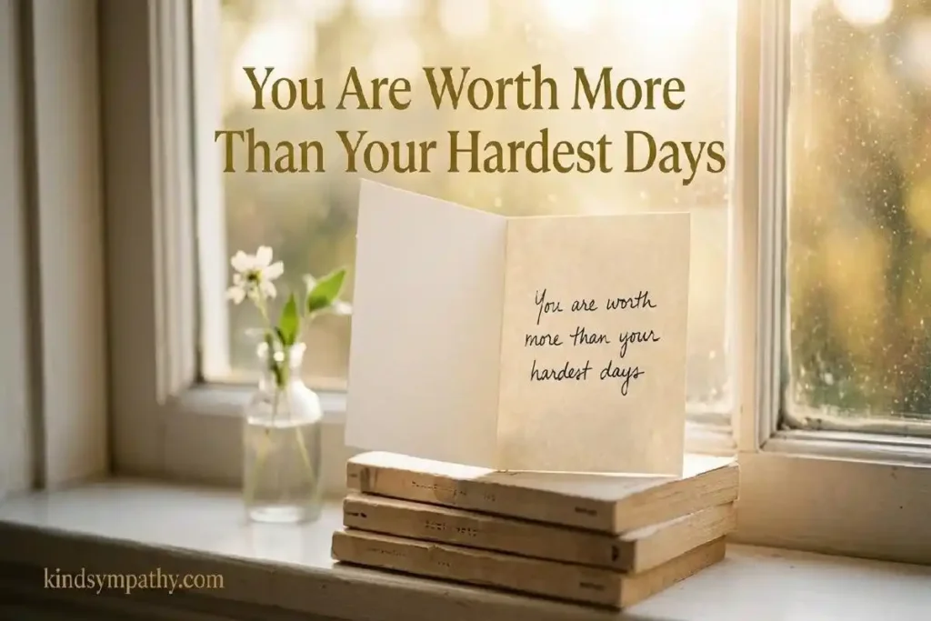 "Open handwritten card propped on windowsill with warm sunlight representing one-line mental health support messages and shareable mental health quotes"
