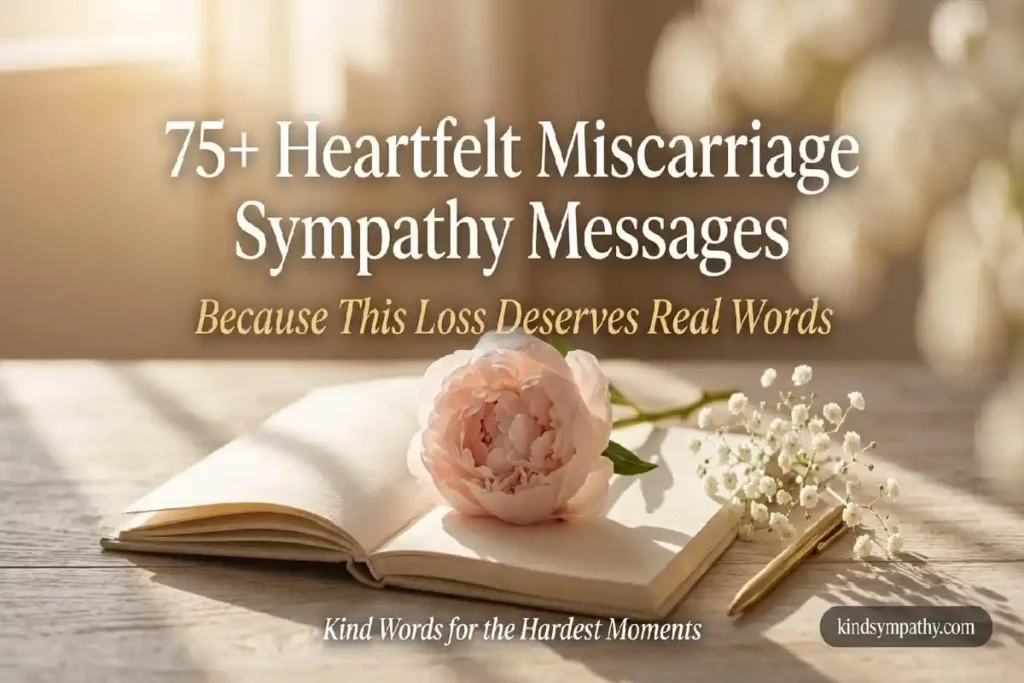 Blush peony on open journal — 75 heartfelt miscarriage sympathy messages — kindsympathy.com