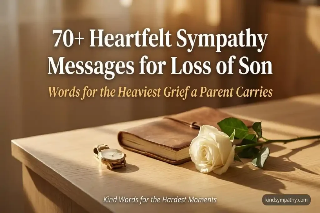 Leather journal and white rose with gold watch — 70 heartfelt sympathy messages for loss of son — kindsympathy.com
