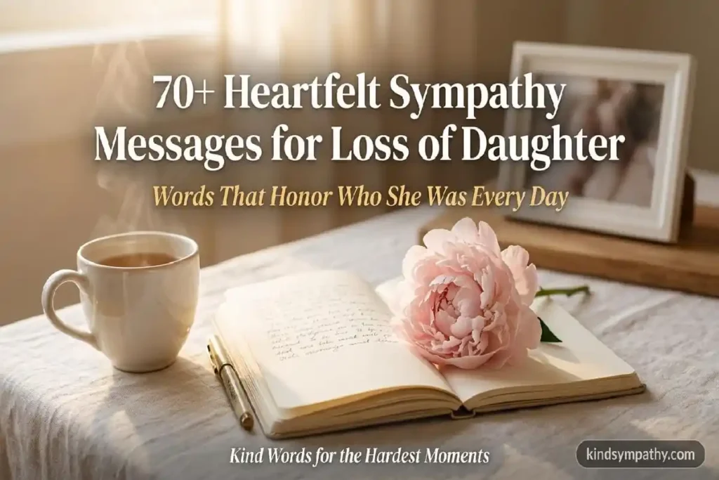 Open journal with blush peony and warm tea — 70 heartfelt sympathy messages for loss of daughter — kindsympathy.com