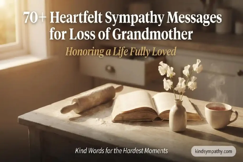 Grandmother's kitchen with recipe book and white flowers — 70 heartfelt sympathy messages for loss of grandmother — kindsympathy.com