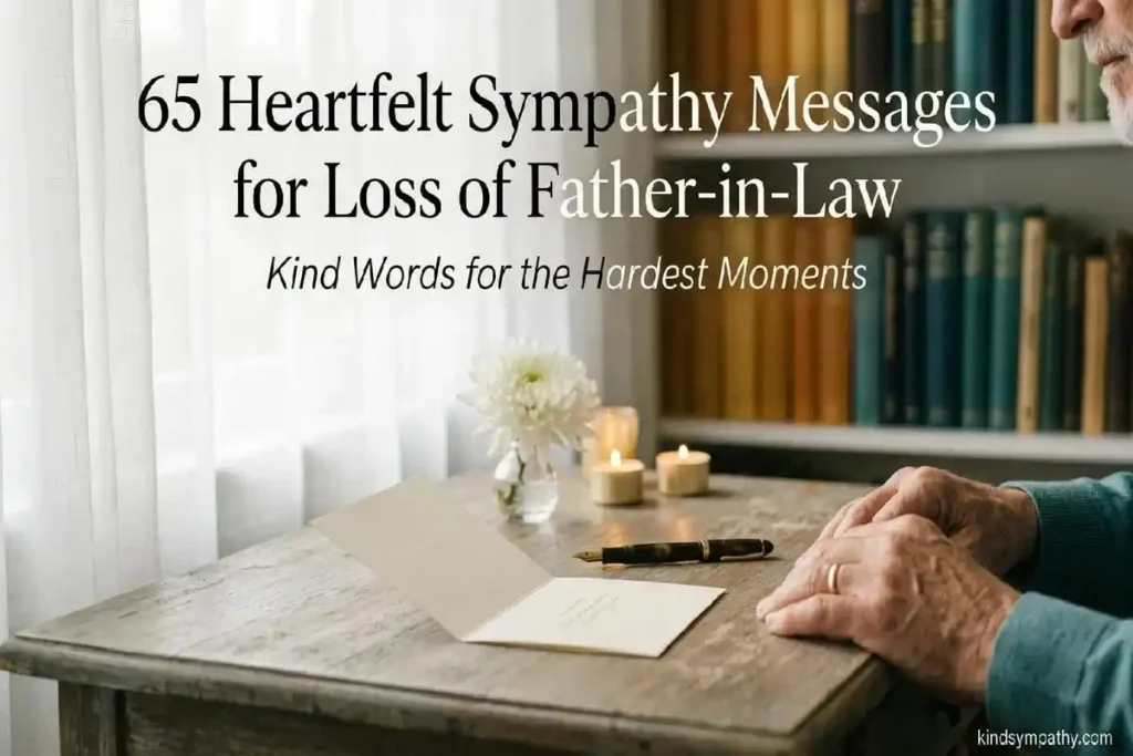 Sympathy messages for loss of father-in-law — open sympathy card on wooden desk with candles and white flower, warm soft light