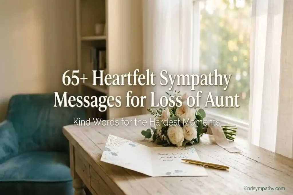 Sympathy messages for loss of aunt — open card and roses on writing desk with soft morning light