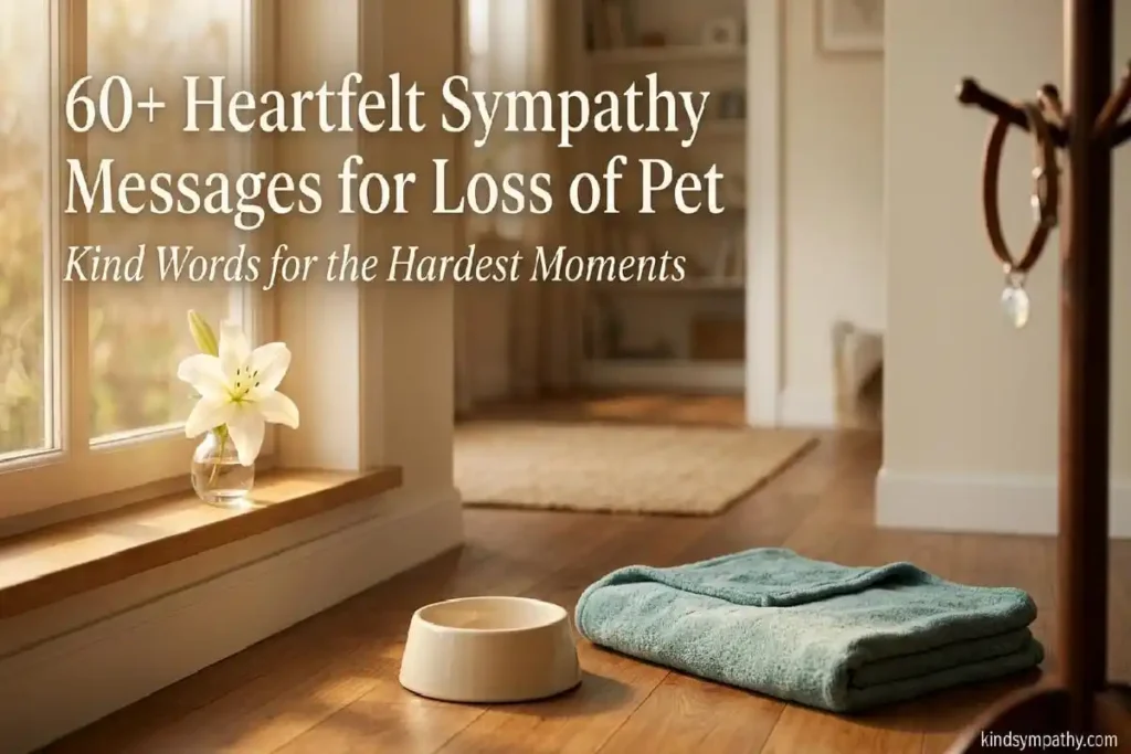 Sympathy messages for loss of pet — empty pet food bowl and white lily on hardwood floor in warm natural light, peaceful and comforting