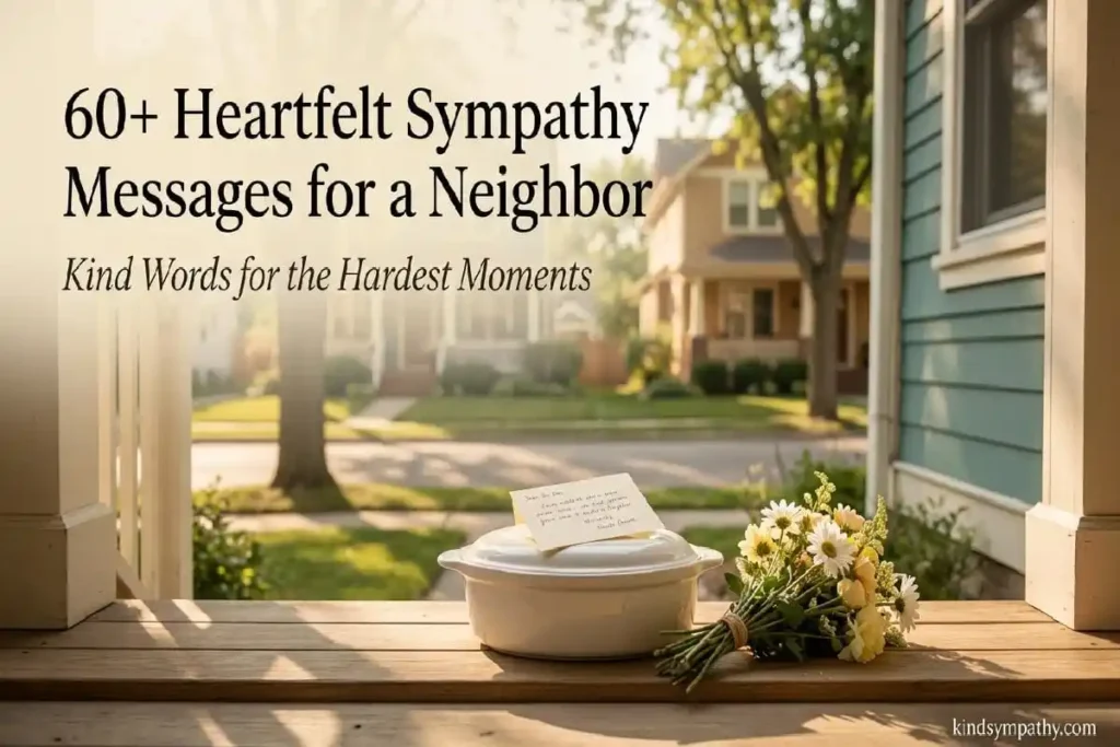 Sympathy messages for a neighbor — casserole dish with sympathy note and flowers left on doorstep of residential home in warm afternoon light, community support