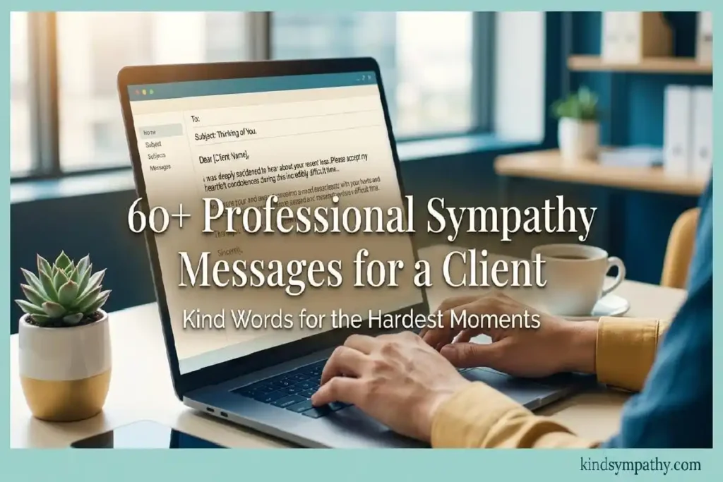 Professional sympathy messages for a client — person composing empathetic business email — kindsympathy.com
