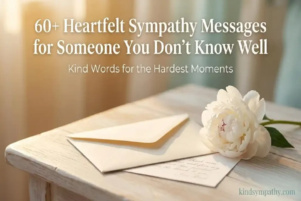 Sympathy messages for someone you don't know well — handwritten note with white peony and warm golden light on wooden table