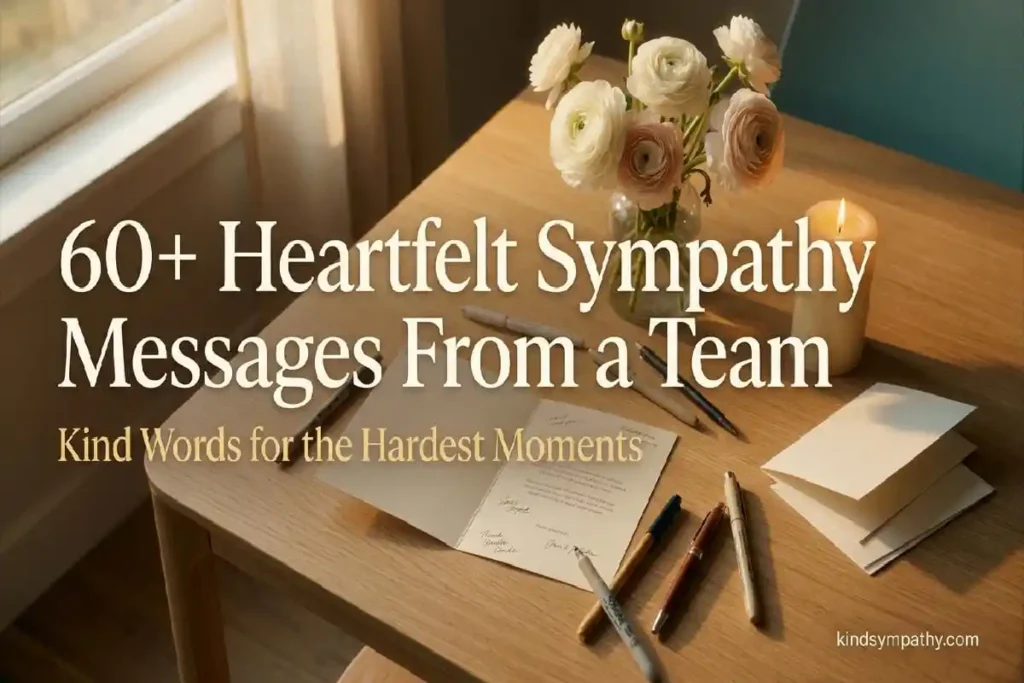 Sympathy messages from a team — open group card with flowers and candle, representing collective condolence from colleagues