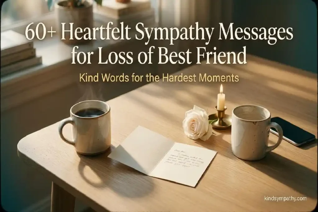 Sympathy messages for loss of best friend — two coffee mugs and a notecard representing the intimacy of a best friendship and the grief of losing it — kindsympathy.com