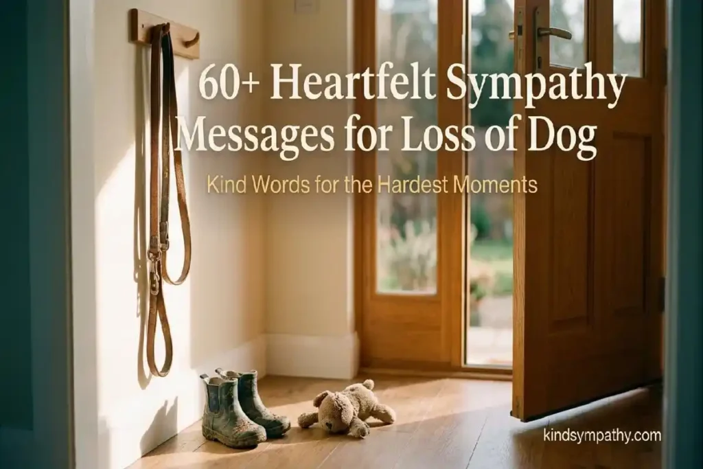ympathy messages for loss of dog — worn dog lead on a wooden hook by an empty door, representing the quiet grief of a beloved dog's absence — kindsympathy.com