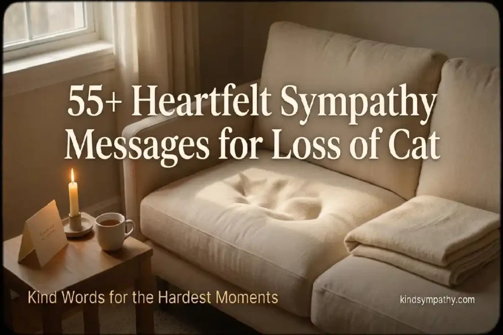 Sympathy messages for loss of cat — soft indent in a cream sofa cushion where a cat always sat, representing the quiet grief of a beloved cat's absence