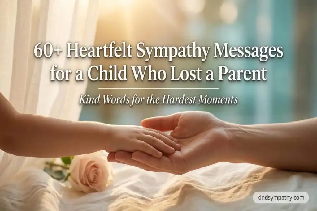 Sympathy messages for a child who lost a parent — a child's hand held gently by a caring adult, warm golden light, kindsympathy.com