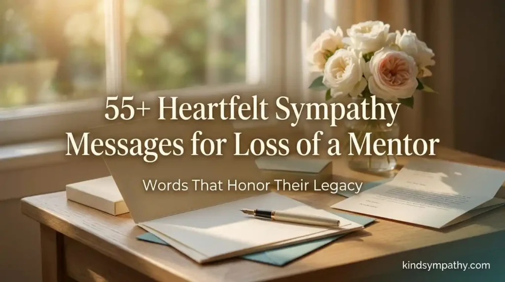 Sympathy messages for loss of a mentor — heartfelt condolence words on a warm writing desk with roses and soft morning light