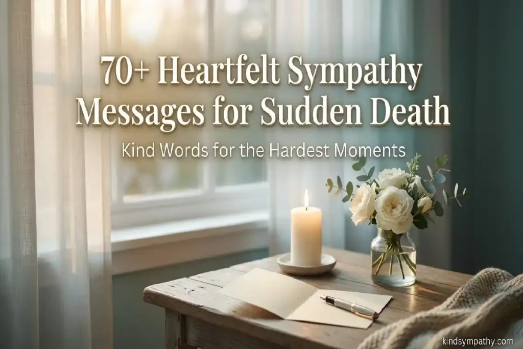 Sympathy messages for sudden death — heartfelt condolence words on a warm writing desk with white roses and candle light, kindsympathy.com