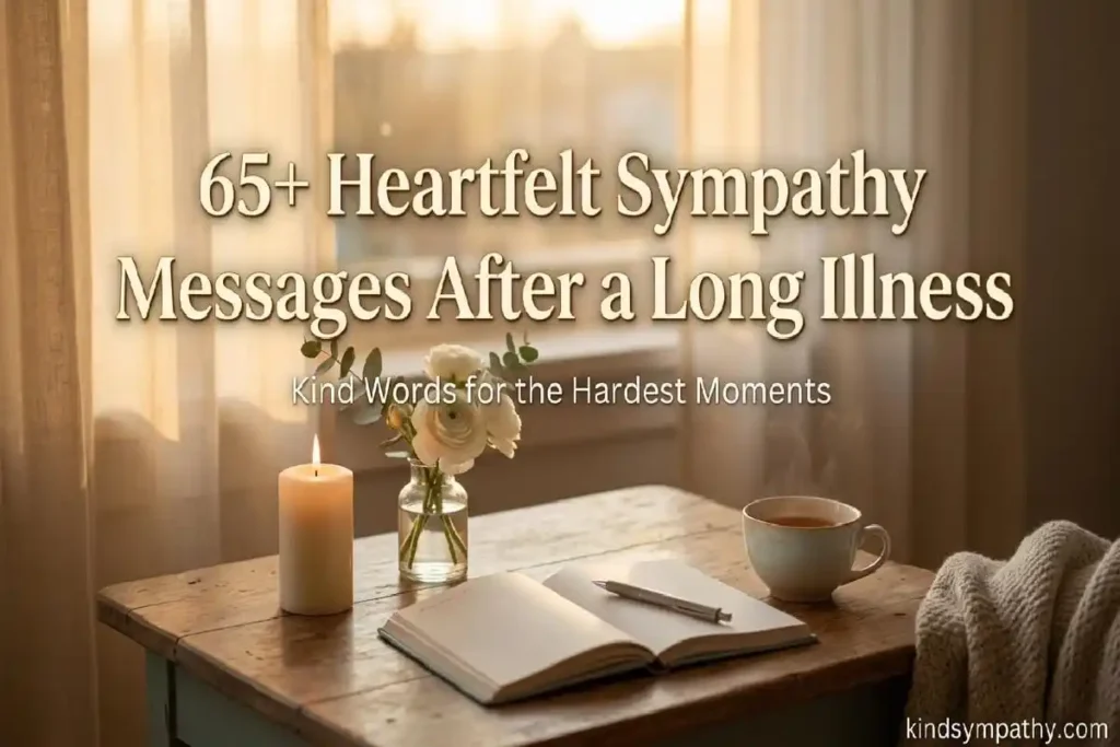 Sympathy messages after long illness — heartfelt condolence words on a warm table with candle and white flowers, for grief and relief after a prolonged illness, kindsympathy.com