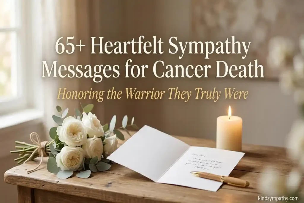 Sympathy messages for cancer death — open sympathy card on a warm wooden desk with white roses and soft candlelight, kindsympathy.com