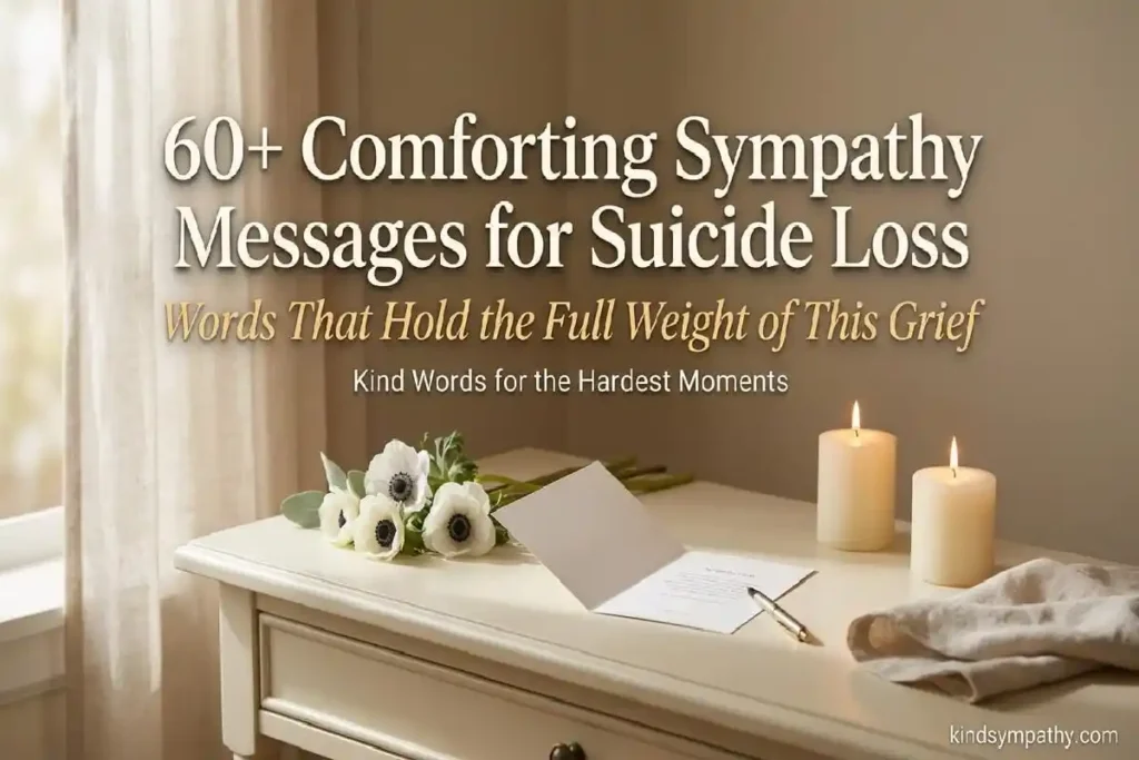 Sympathy messages for suicide loss — open sympathy card with white flowers and warm candlelight representing compassionate support for suicide bereavement, kindsympathy.com
