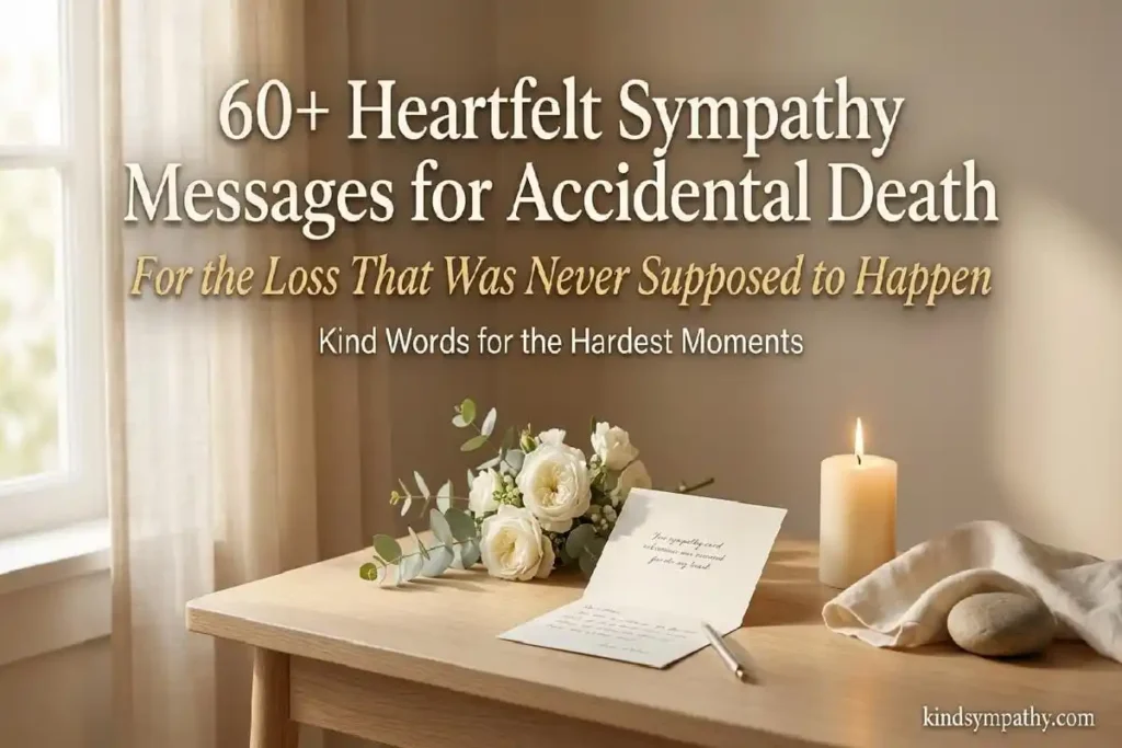 Sympathy messages for accidental death — open sympathy card with white roses and warm candlelight on a writing desk, representing heartfelt condolences for a sudden and unexpected loss, kindsympathy.com
