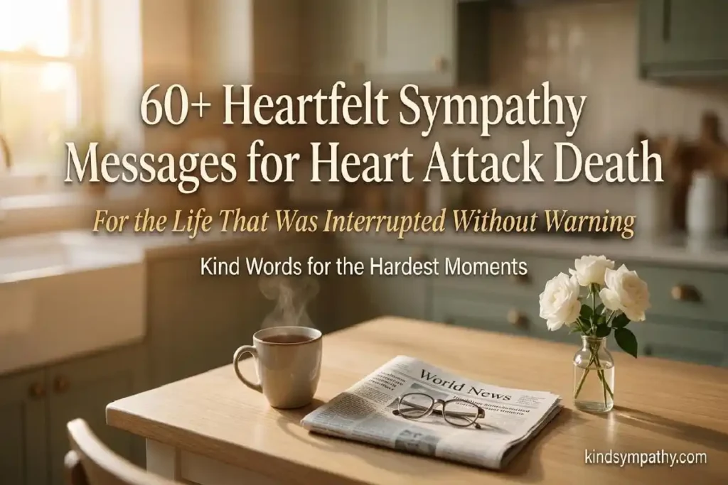 Sympathy messages for heart attack death — warm morning tea and roses on a kitchen table representing ordinary life interrupted by sudden cardiac loss, kindsympathy.com