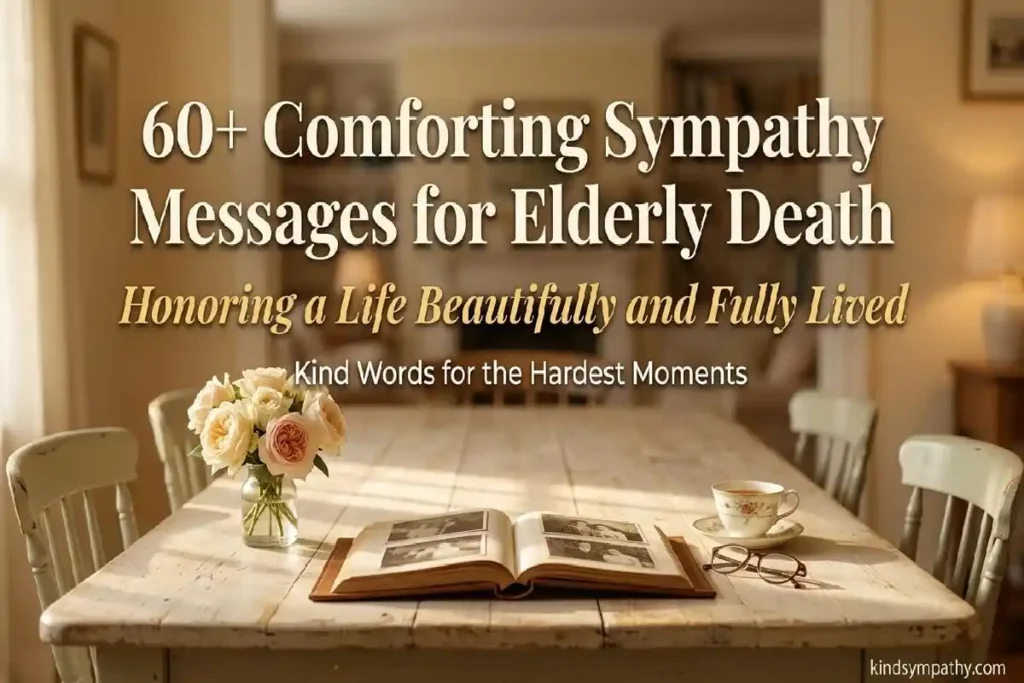 Sympathy messages for elderly death — vintage photo album and roses on a farmhouse table in warm afternoon light representing a life beautifully and fully lived, kindsympathy.com