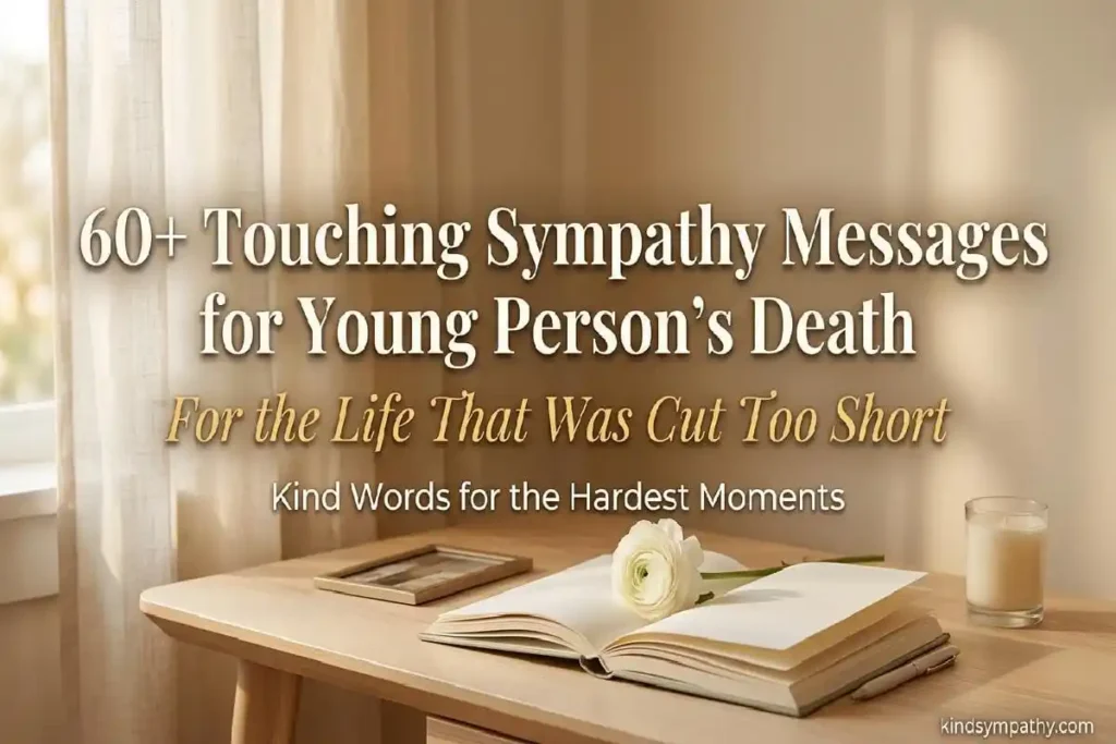 Sympathy messages for young person's death — open journal with white flower and morning light representing an unfinished life cut too short, kindsympathy.com